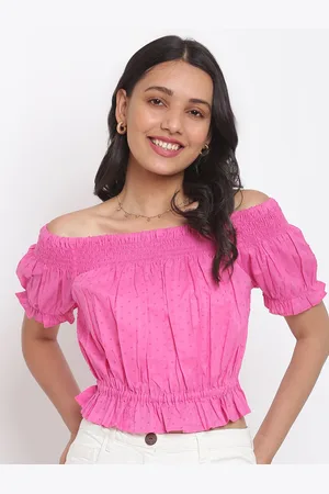 Fabindia Pink Off-Shoulder Bardot Crop Top