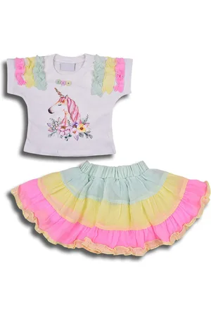 Wish Karo Girls Printed Cotton Top with Skirt