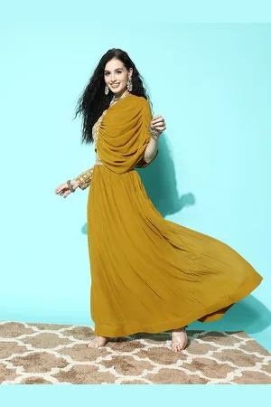 Kvsfab Women Mustard Yellow Floral Embroidered Regular Sequinned Top with Skirt