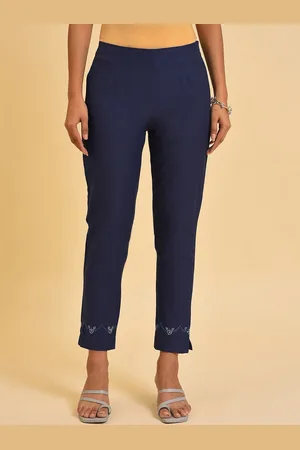 W Omen Blue Slim Fit Pure Cotton Cigarette Trousers