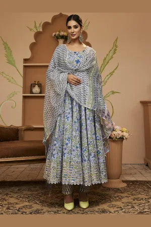 Divena World Floral Block Prnted Gotta Patti Anarkali Pure Cotton Kurta with Trousers & Dupatta