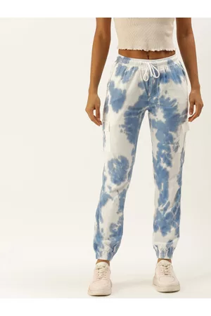 Bene Kleed Women White & Blue Pure Cotton Tie and Dye Cargos Trousers