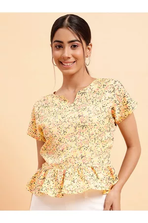 MINT STREET Floral Printed Notch Neck Peplum Top
