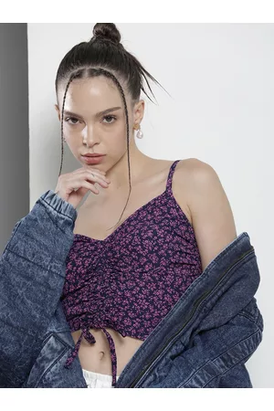 Tommy Hilfiger Women Navy Blue & Pink Floral Print Blouson Crop Top