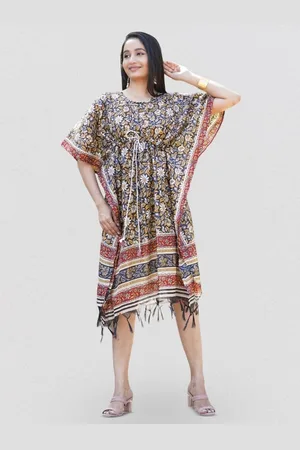 Kesarya Ethnic Motifs Print Kimono Sleeve Kaftan Midi Dress