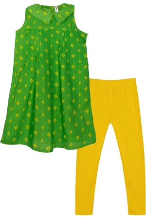 KiddoPanti Girls Geometric Ikat Printed A-Line Kurta & Leggings