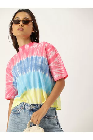 Kook N Keech Tie & Dye High Neck Drop-Shoulder Sleeves Boxy Pure Cotton T-shirt