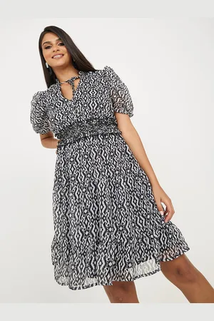 Styli Printed Tie-Up Neck Puff Sleeve Fit & Flare Dress