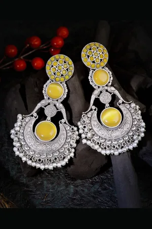 Adwitiya Collection Yellow & Silver-Toned Classic Drop Earrings