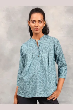 Fabindia Blue Floral Print Mandarin Collar Top