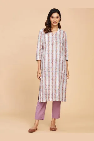 Fabindia Floral Block Printed V-Neck Cotton Kurta