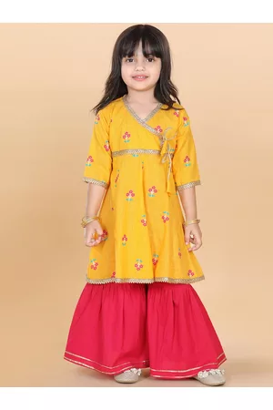 AJ DEZINES Girls Floral Printed Angrakha Gotta Patti Pure Cotton Kurta With Sharara