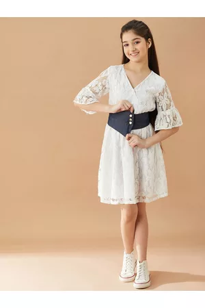 pspeaches Girls V-Neck Self Design Lace Fit & Flare Dress