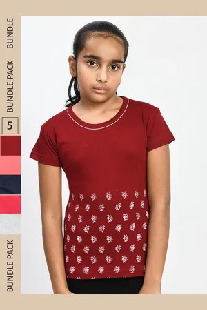 IndiWeaves Girls Pack of 5 Printed Pure Cotton T-shirt