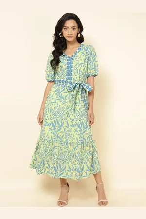 Fabindia Green Floral Print Puff Sleeve A-Line Midi Dress