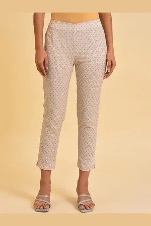 W Omen Beige Printed Slim Fit Cigarette Trousers