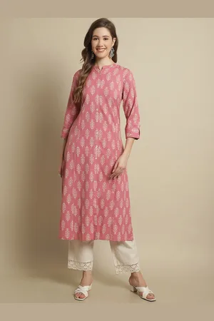 Pistaa Mandarin Collar Ethnic Motifs Printed Straight Pure Cotton Kurta