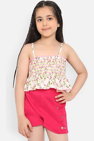 Nauti Nati Girls Floral Printed Smocked Shoulder Straps Top with Shorts