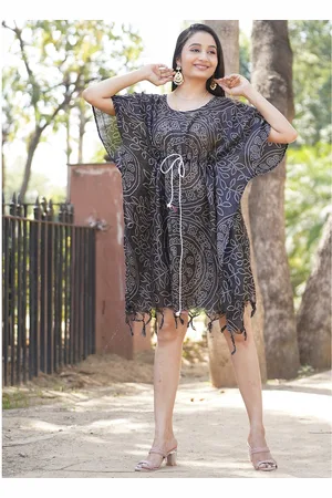 Kesarya Ethnic Motif Printed Tie-Up Cotton Kaftan Ethnic Dress