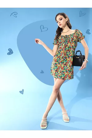 Berrylush Women Red Allover Floral Print Ruched Bust Detail Dress
