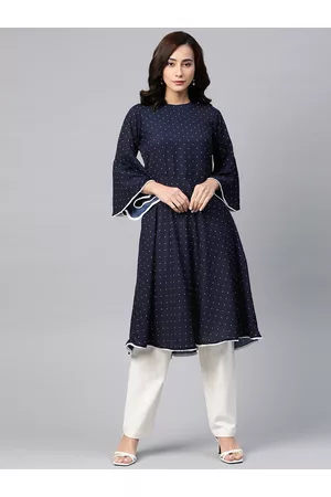 Jompers Women Navy Blue & White Dotted Print Bell Sleeves A-Line Kurta