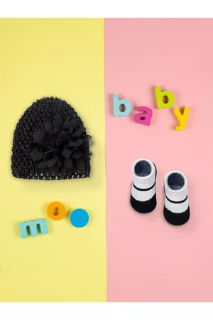 Baby Moo Girls Black & White Beanie Cap & Socks