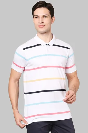 Park Avenue Men White & Black Striped Mandarin Collar Slim Fit T-shirt