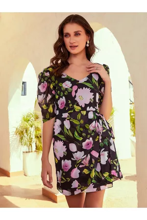 ATHENA Black & Lavender Floral Printed Tie-Up Georgette A-Line Mini Dress