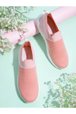 DressBerry Women Peach-Coloured & White Woven Design Slip-On Sneakers