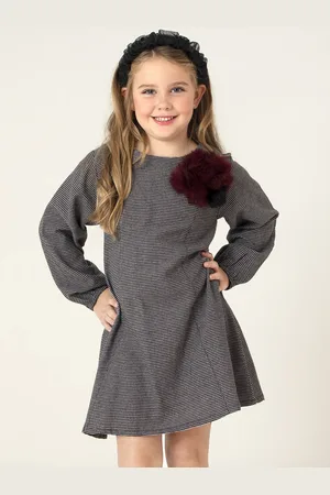 Cherry Crumble Girls Grey & Black Cotton Houndstooth Winter A-Line Dress with Pom-Pom