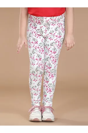 StyleStone Girls White & Pink Floral Printed Cotton Jeggings