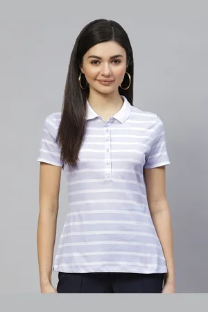 Marks & Spencer Women Lavender & White Striped Polo Collar Pure Cotton T-shirt