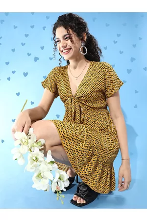 Berrylush Yellow Animal Crepe A-Line Mini Dress