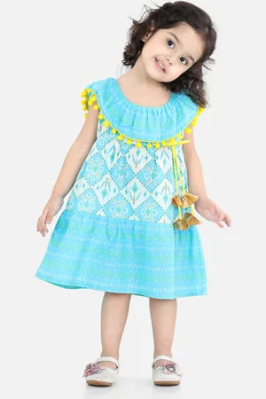 BownBee Blue & White Ethnic Motifs Cotton A-Line Dress