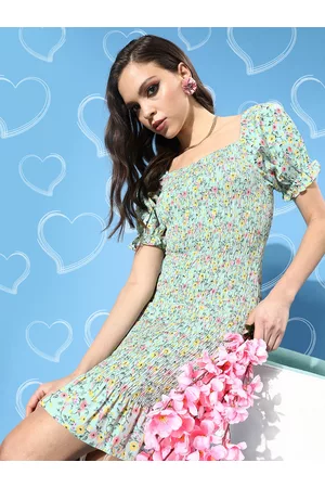 Berrylush Green Floral Crepe Bodycon Mini Dress