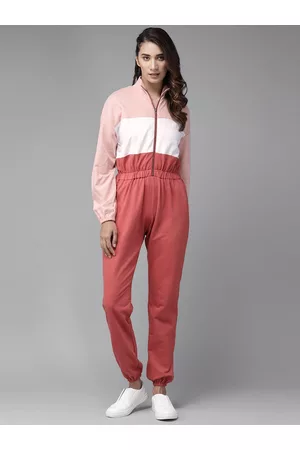 Roadster Women Loungewear - The Lifestyle Co Women Pink & White Colourblocked Pure Cotton Knitted Basic Jogger Jumpsuit