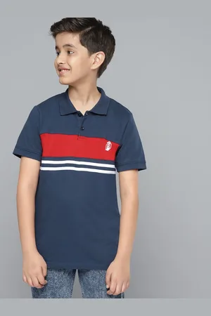 YK Boys Navy Blue Red Colourblocked Pure Cotton Polo Collar Pure Cotton T-shirt