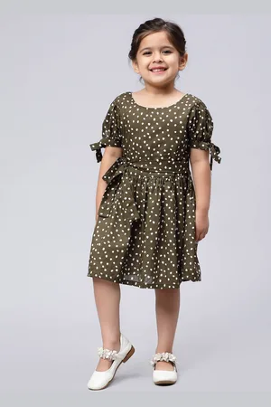 Biglilpeople Olive Green Floral Print Bell Sleeve Fit & Flare Dress