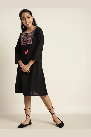 Sangria Teen Girls Black & Pink Yoke Embroidered Pure Cotton A-Line Dress