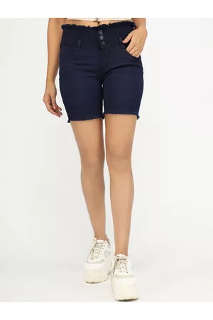 AngelFab Women Navy Blue High-Rise Denim Denim Shorts