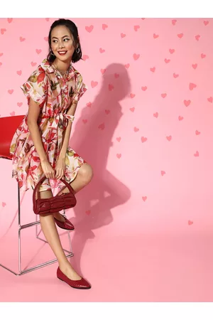 ATHENA Women Attractive Red Floral Belted Dress