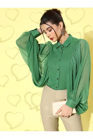 KASSUALLY Women Gorgeous Green Solid Batwing Sleeves Shirt Top