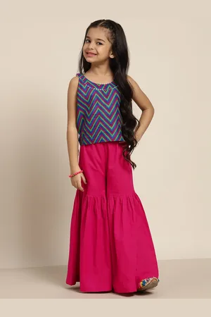 Sangria Girls Blue & Fuchsia Pink Chevron Print Pure Cotton Top with Sharara