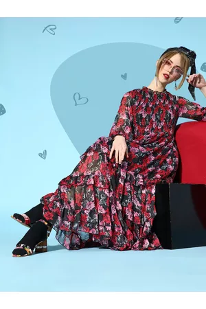 Antheaa Women Gorgeous Red Floral Tiered Dress