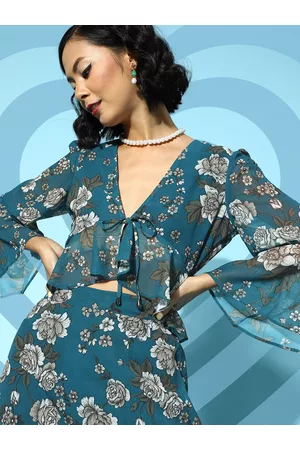 Sassafras Women Tranquil Teal Floral Cropped Top