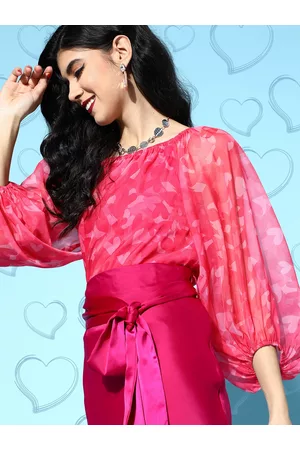 Sassafras Women Pretty Pink Abstract Puff Sleeves Top