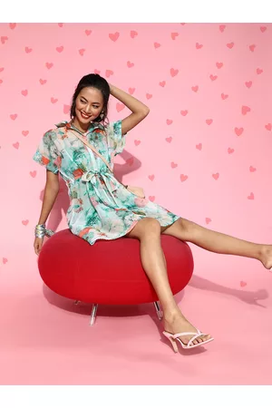 ATHENA Women Gorgeous Mint Green Floral Belted Dress