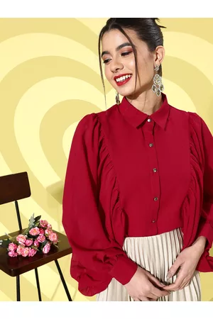 KASSUALLY Women Gorgeous Red Solid Batwing Sleeves Shirt Style Top