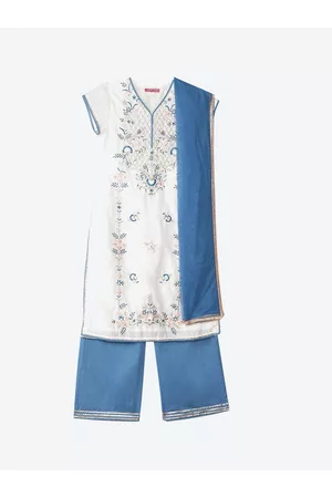 Biba Girls White Floral Embroidered Kurta with Pyjamas & With Dupatta