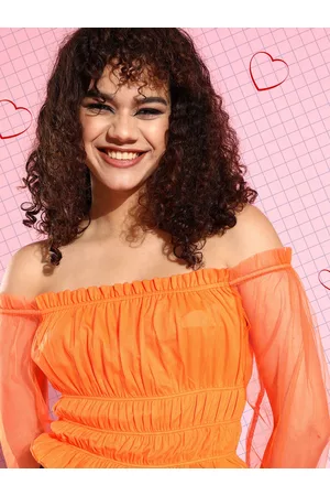 KASSUALLY Women Lovely Orange Solid Bardot Top